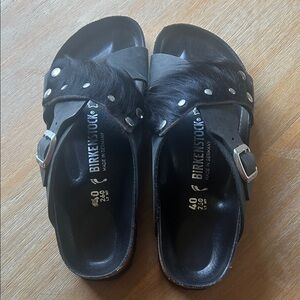 Birkenstock Black Fur-Accented Sandals